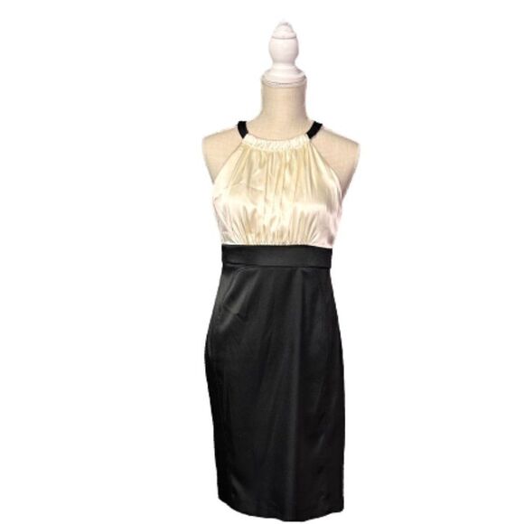 Jones Wear Dress Ivory Satin Halter Style Black Dress Sz 6P - Picture 1 of 4
